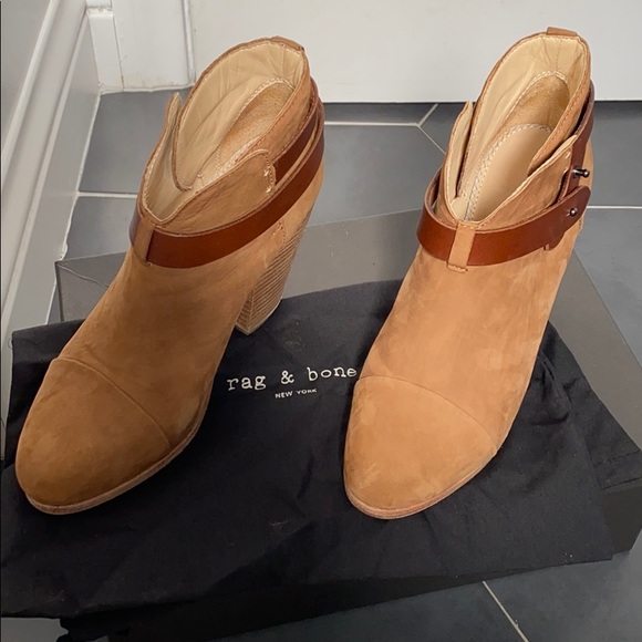Rag & Bone Camel Suede Harrow Stacked Heel Booties - Picture 2 of 9